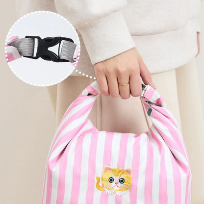 New Pink Striped Strawberry Cat Insulated Cute Lunch Handbag  Large Capacity Folding Roll Bento Bag Picnic Food Fresh Cooler Bag