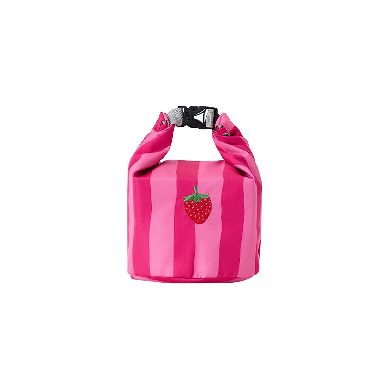 New Pink Striped Strawberry Cat Insulated Cute Lunch Handbag  Large Capacity Folding Roll Bento Bag Picnic Food Fresh Cooler Bag