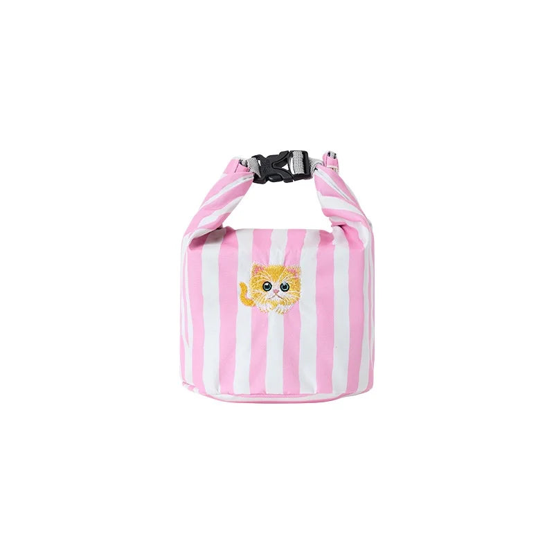 New Pink Striped Strawberry Cat Insulated Cute Lunch Handbag  Large Capacity Folding Roll Bento Bag Picnic Food Fresh Cooler Bag