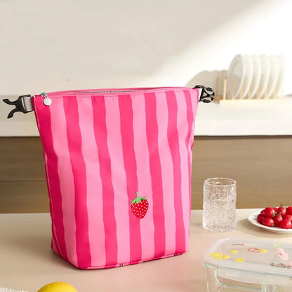 New Pink Striped Strawberry Cat Insulated Cute Lunch Handbag  Large Capacity Folding Roll Bento Bag Picnic Food Fresh Cooler Bag