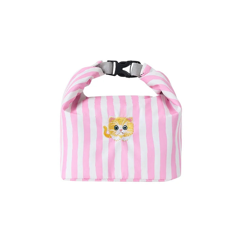New Pink Striped Strawberry Cat Insulated Cute Lunch Handbag  Large Capacity Folding Roll Bento Bag Picnic Food Fresh Cooler Bag