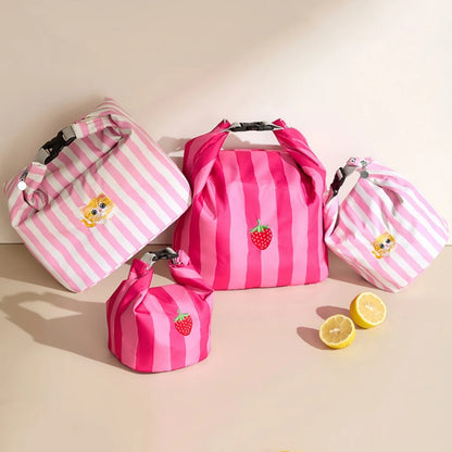 New Pink Striped Strawberry Cat Insulated Cute Lunch Handbag  Large Capacity Folding Roll Bento Bag Picnic Food Fresh Cooler Bag