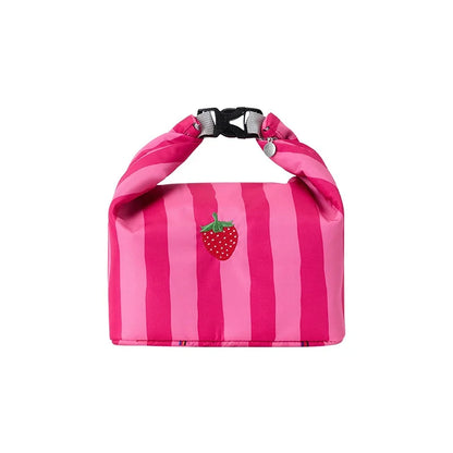 New Pink Striped Strawberry Cat Insulated Cute Lunch Handbag  Large Capacity Folding Roll Bento Bag Picnic Food Fresh Cooler Bag