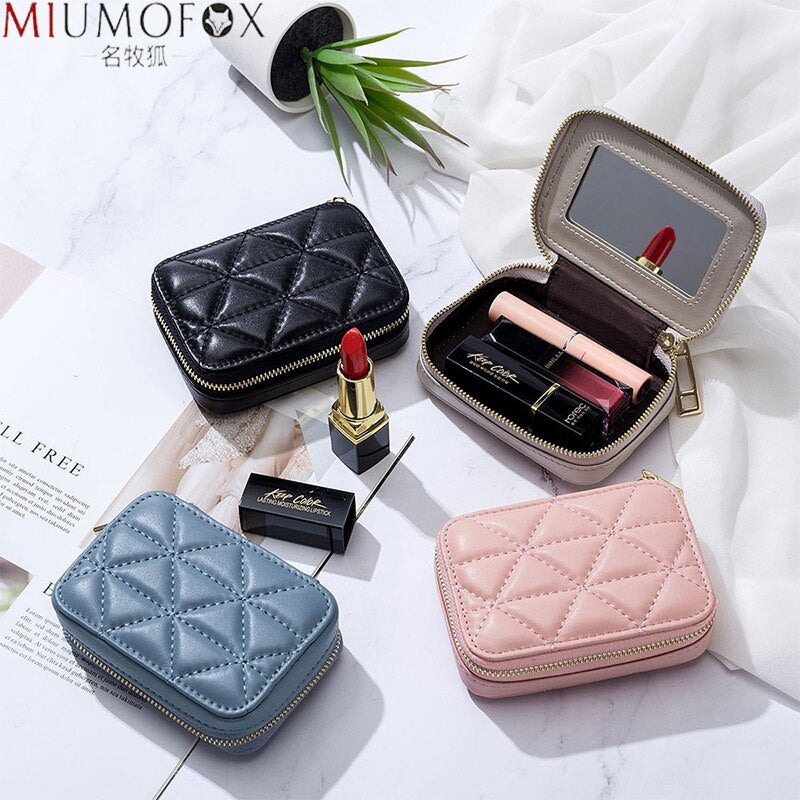 Portable Lipstick Case with Mirror Brand Design Genuine Leather Cosmetic Bag Pouch Ladies Cosmetics Organizer Pouch Box Wallet