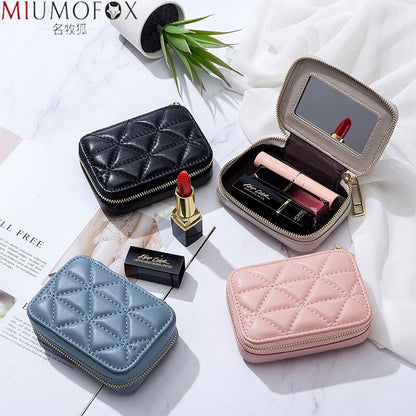 Portable Lipstick Case with Mirror Brand Design Genuine Leather Cosmetic Bag Pouch Ladies Cosmetics Organizer Pouch Box Wallet