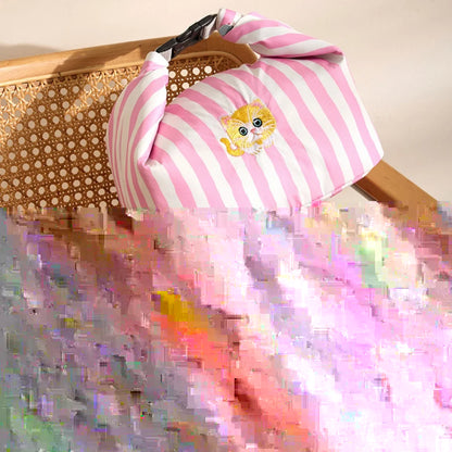 New Pink Striped Strawberry Cat Insulated Cute Lunch Handbag  Large Capacity Folding Roll Bento Bag Picnic Food Fresh Cooler Bag