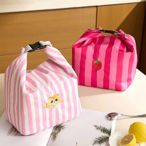 New Pink Striped Strawberry Cat Insulated Cute Lunch Handbag  Large Capacity Folding Roll Bento Bag Picnic Food Fresh Cooler Bag