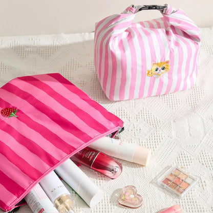 New Pink Striped Strawberry Cat Insulated Cute Lunch Handbag  Large Capacity Folding Roll Bento Bag Picnic Food Fresh Cooler Bag